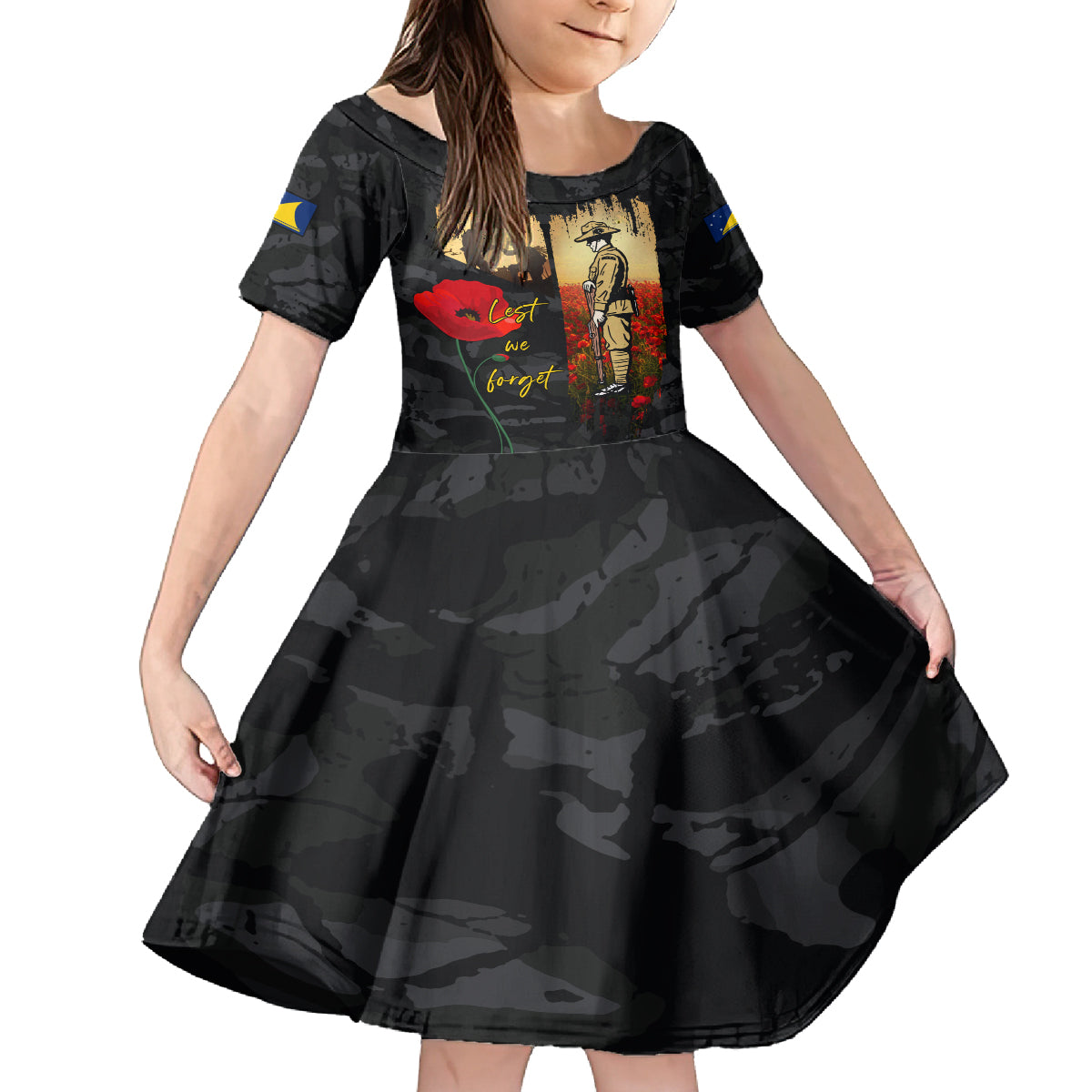 Tokelau ANZAC Day Kid Short Sleeve Dress Lest We Forget LT05 KID Black - Polynesian Pride