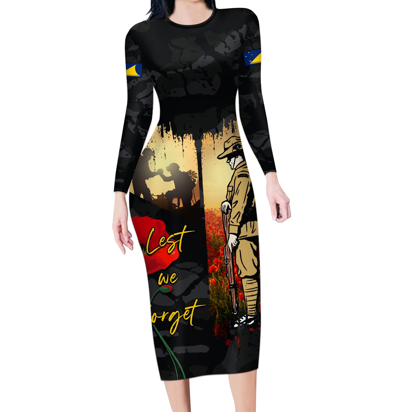 Tokelau ANZAC Day Long Sleeve Bodycon Dress Lest We Forget LT05 Long Dress Black - Polynesian Pride