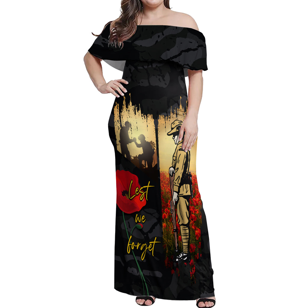 Tokelau ANZAC Day Off Shoulder Maxi Dress Lest We Forget LT05 Women Black - Polynesian Pride