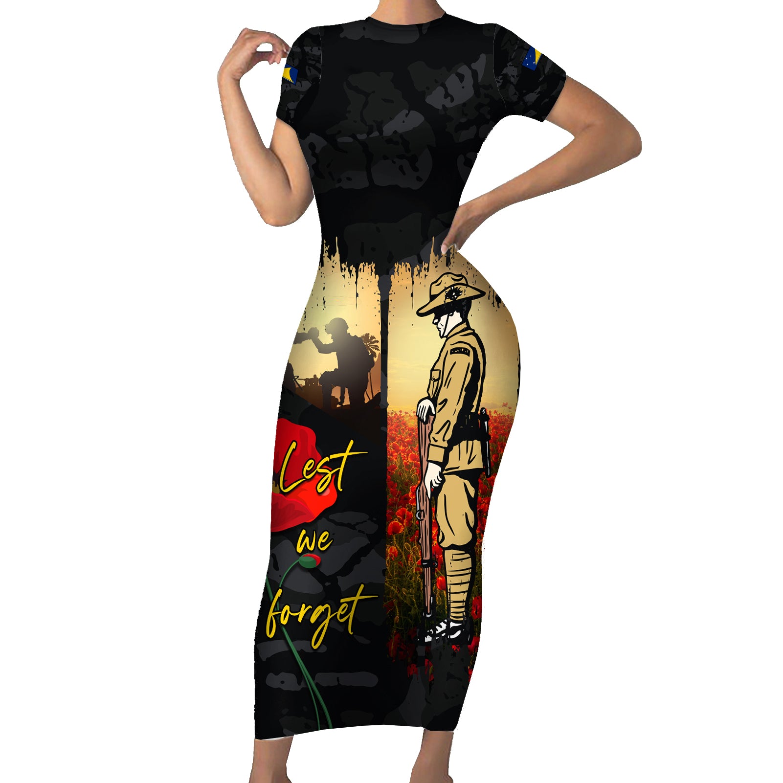 Tokelau ANZAC Day Short Sleeve Bodycon Dress Lest We Forget LT05 Long Dress Black - Polynesian Pride