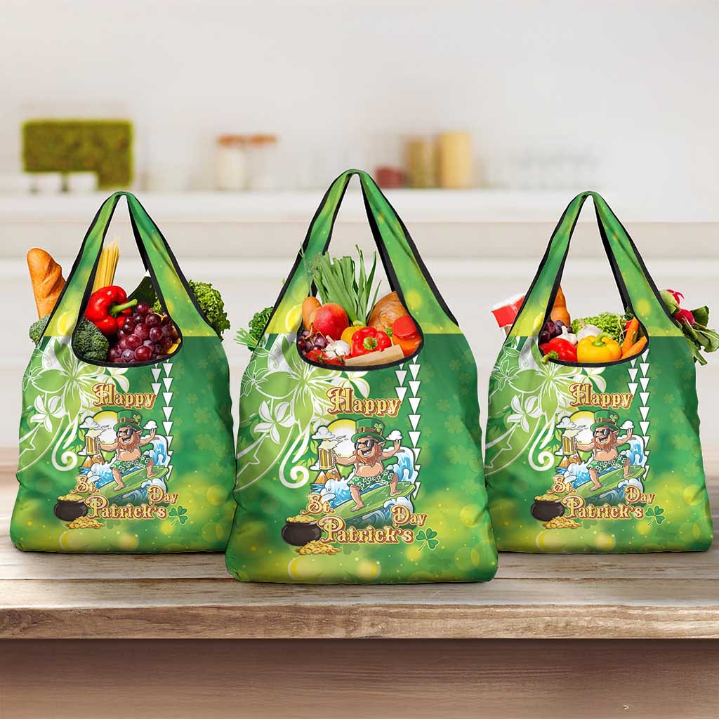 Hawaii Saint Patrick's Day Grocery Bag Funny Surfing Leprechaun LT05 3-pack One Size Green - Polynesian Pride