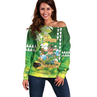 Hawaii Saint Patrick's Day Off Shoulder Sweater Funny Surfing Leprechaun LT05 Women Green - Polynesian Pride