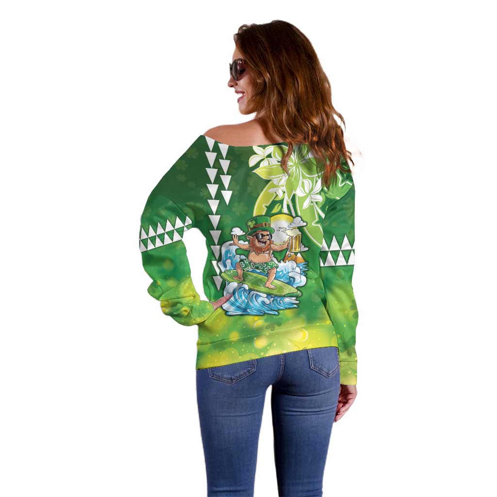 Hawaii Saint Patrick's Day Off Shoulder Sweater Funny Surfing Leprechaun LT05 - Polynesian Pride