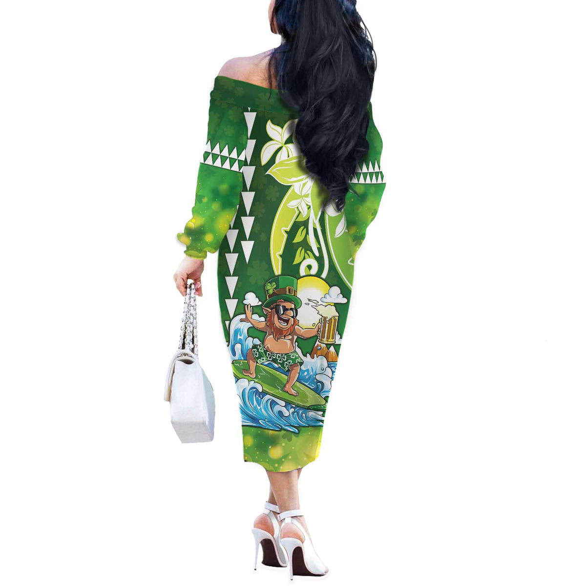 Hawaii Saint Patrick's Day Off The Shoulder Long Sleeve Dress Funny Surfing Leprechaun LT05 - Polynesian Pride