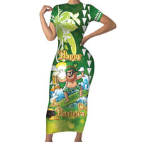 Hawaii Saint Patrick's Day Short Sleeve Bodycon Dress Funny Surfing Leprechaun LT05 Long Dress Green - Polynesian Pride