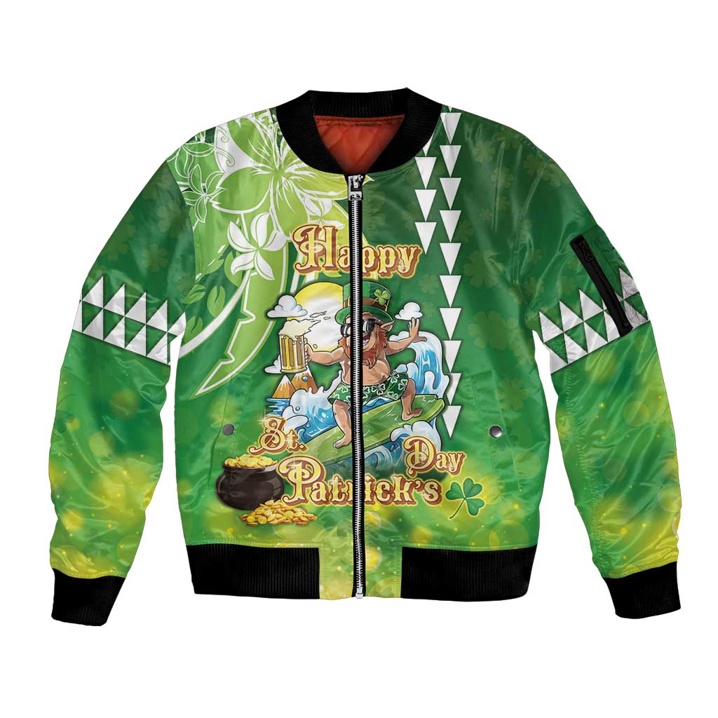 Hawaii Saint Patrick's Day Sleeve Zip Bomber Jacket Funny Surfing Leprechaun LT05 Unisex Green - Polynesian Pride