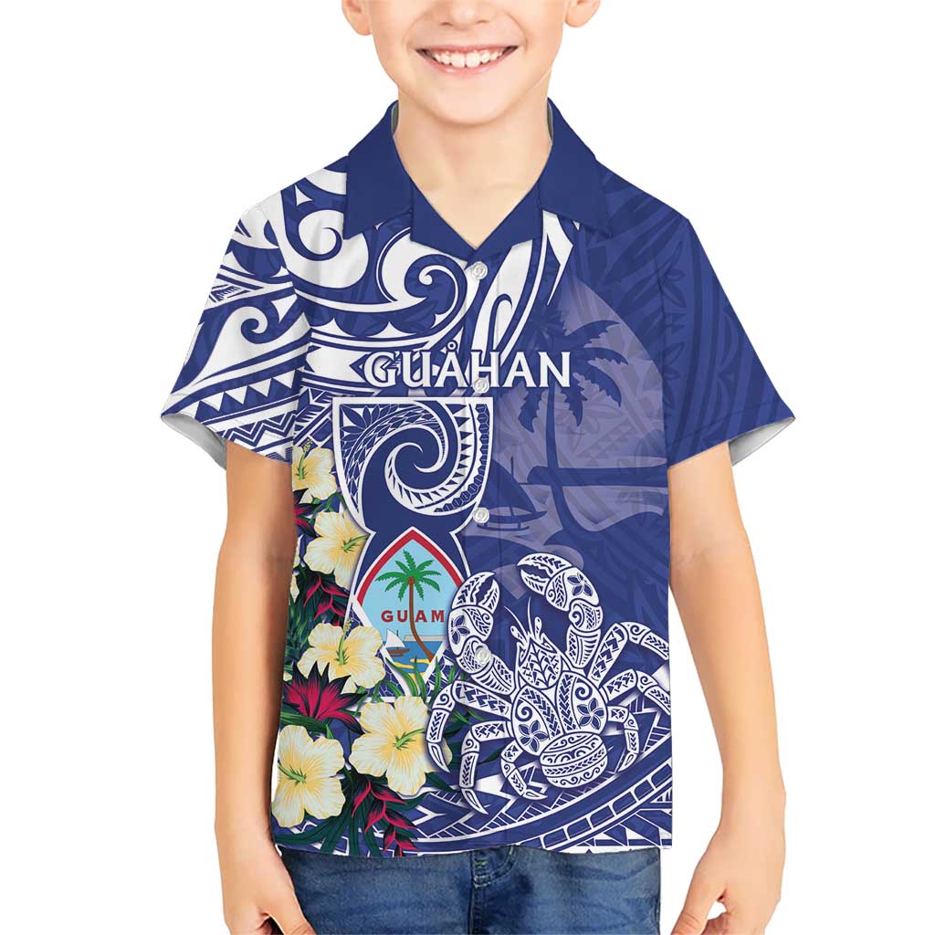 Personalised Hafa Adai Guam Kid Hawaiian Shirt Latte Stone With Coconut Crab LT05 Kid Blue - Polynesian Pride
