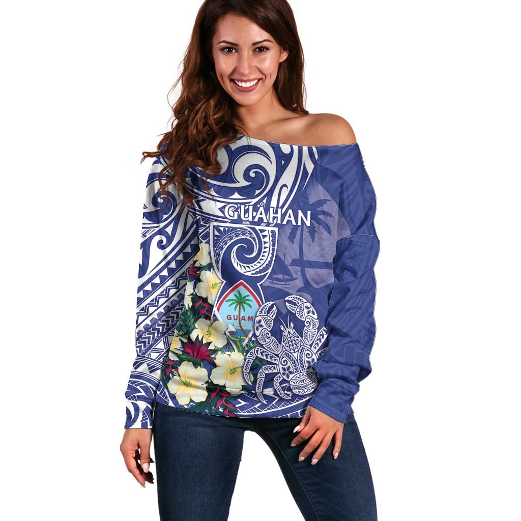 Personalised Hafa Adai Guam Off Shoulder Sweater Latte Stone With Coconut Crab LT05 Women Blue - Polynesian Pride