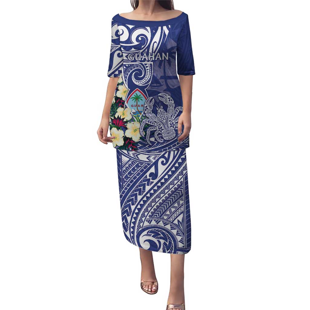 Personalised Hafa Adai Guam Puletasi Latte Stone With Coconut Crab LT05 Long Dress Blue - Polynesian Pride