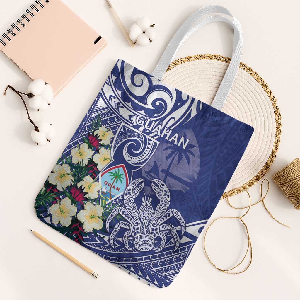 Hafa Adai Guam Tote Bag Latte Stone With Coconut Crab LT05 White Strap One Size Blue - Polynesian Pride