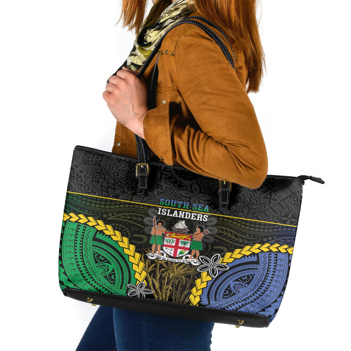 South Sea Islanders And Fiji Leather Tote Bag Kanakas Fijian Tapa Pattern LT05 Black - Polynesian Pride