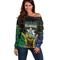 Personalised South Sea Islanders And Solomon Islands Off Shoulder Sweater Kanakas Polynesian Pattern LT05 Women Black - Polynesian Pride