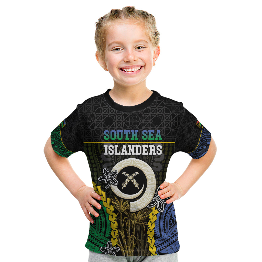Personalised South Sea Islanders And Vanuatu Kid T Shirt Kanakas Sand Drawing Pattern LT05 Black - Polynesian Pride