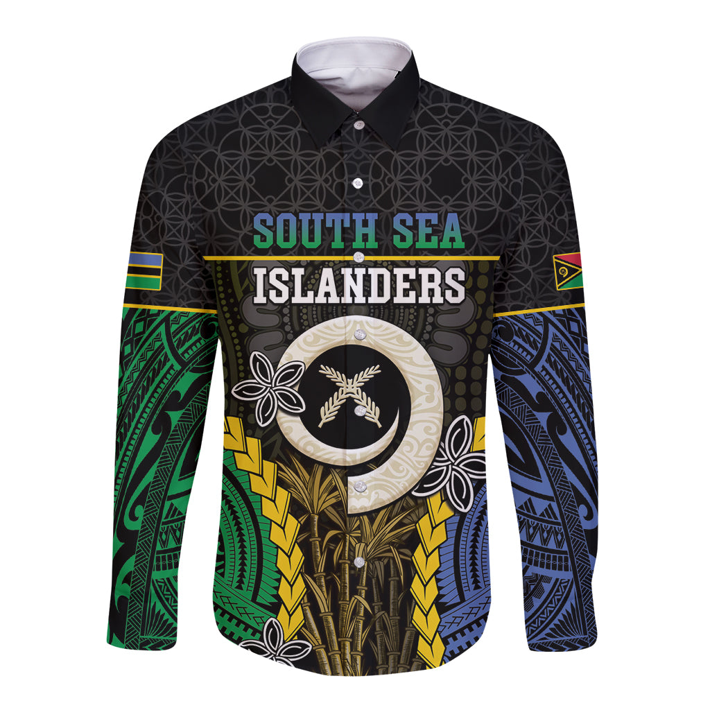 Personalised South Sea Islanders And Vanuatu Long Sleeve Button Shirt Kanakas Sand Drawing Pattern LT05 Unisex Black - Polynesian Pride