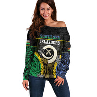 Personalised South Sea Islanders And Vanuatu Off Shoulder Sweater Kanakas Sand Drawing Pattern LT05 Women Black - Polynesian Pride