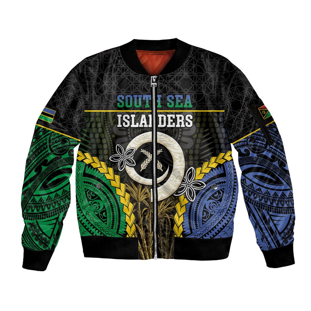Personalised South Sea Islanders And Vanuatu Sleeve Zip Bomber Jacket Kanakas Sand Drawing Pattern LT05 Unisex Black - Polynesian Pride