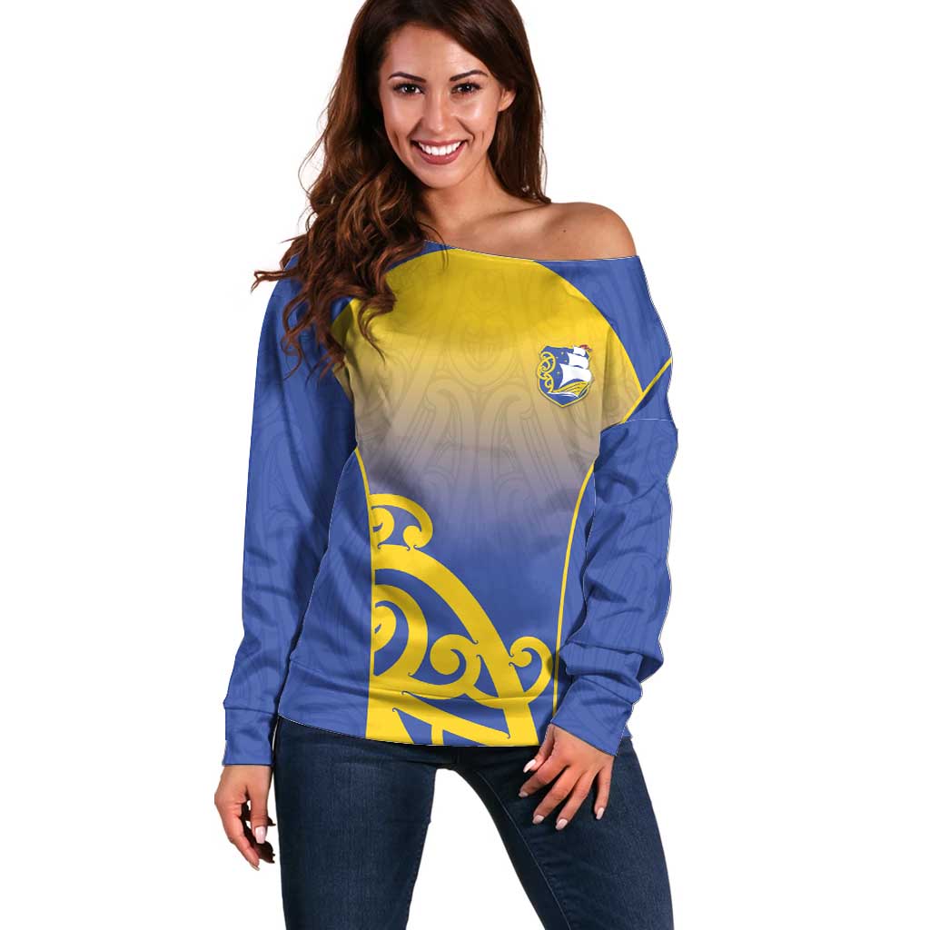Custom James Cook High School Off Shoulder Sweater Maori Koru Pattern LT05 Women Blue - Polynesian Pride