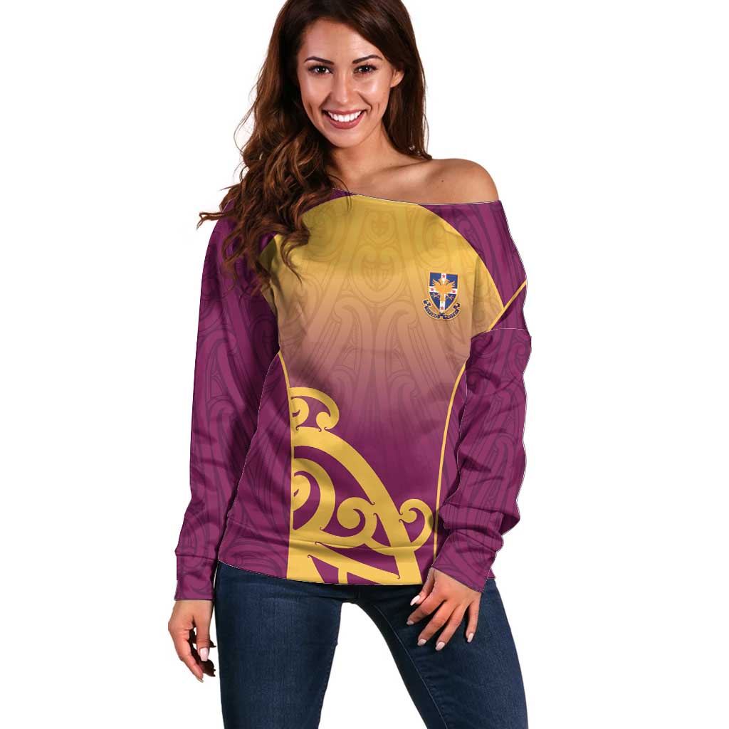 Custom Waiuku College Off Shoulder Sweater Maori Koru Pattern LT05 Women Maroon - Polynesian Pride