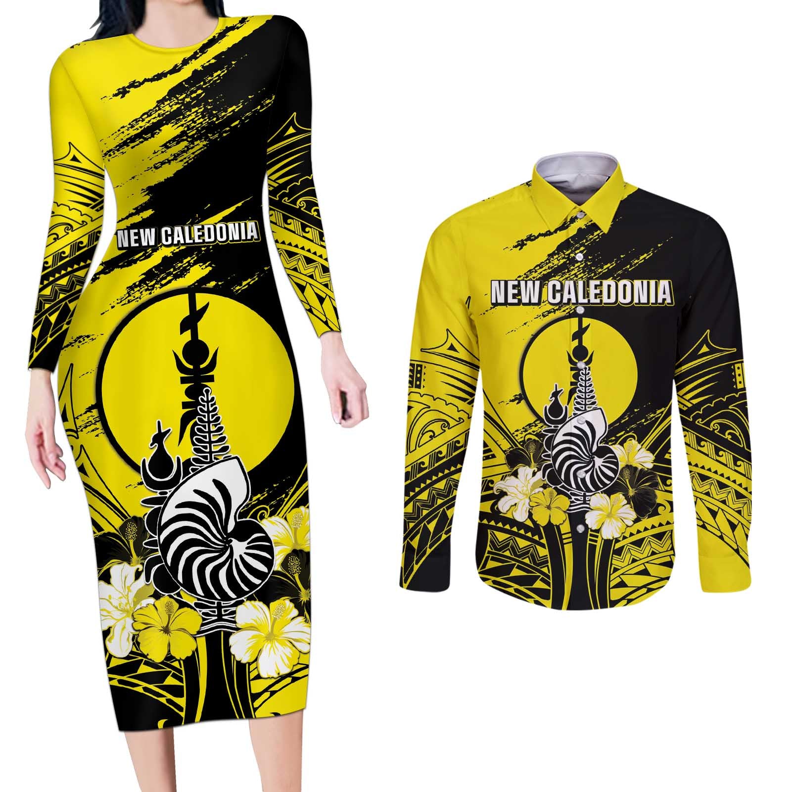 Personalised New Caledonia Day Couples Matching Long Sleeve Bodycon Dress and Long Sleeve Button Shirt Kanaky Flag Coat Of Arms Polynesian Pattern