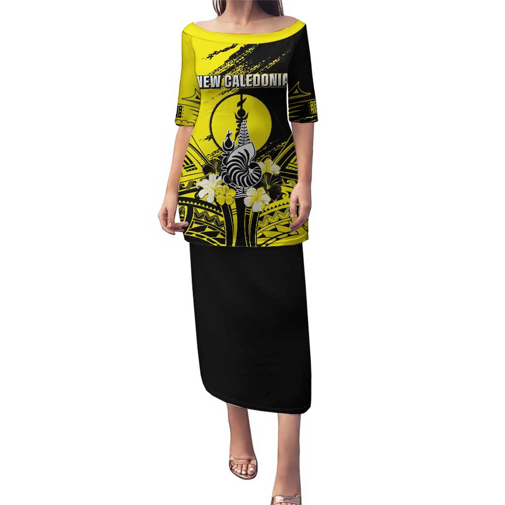 Personalised New Caledonia Day Puletasi Kanaky Flag Coat Of Arms Polynesian Pattern LT05 Long Dress Yellow - Polynesian Pride