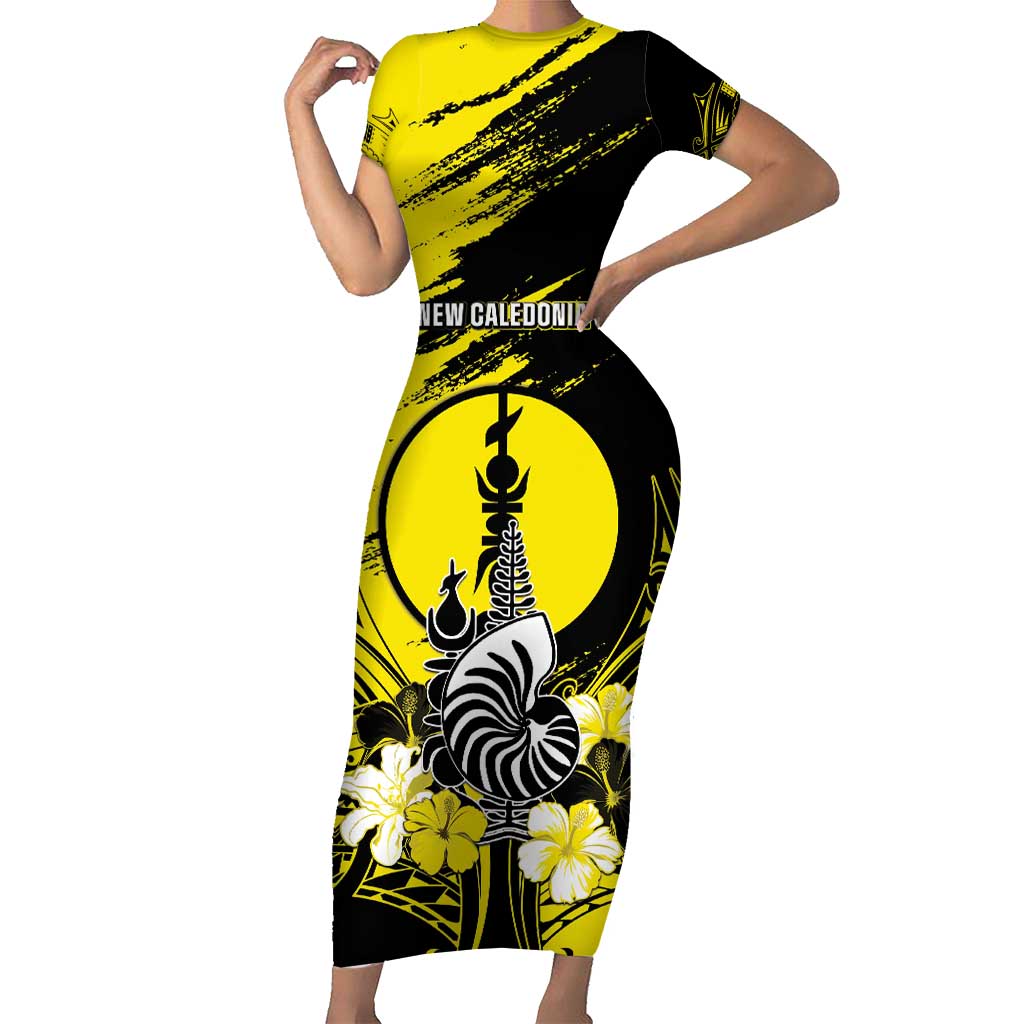 Personalised New Caledonia Day Short Sleeve Bodycon Dress Kanaky Flag Coat Of Arms Polynesian Pattern