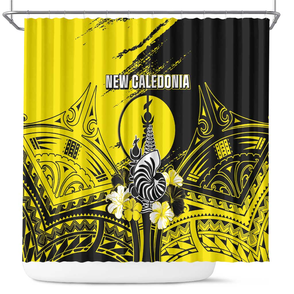 New Caledonia Day Shower Curtain Kanaky Flag Coat Of Arms Polynesian Pattern LT05 Yellow - Polynesian Pride