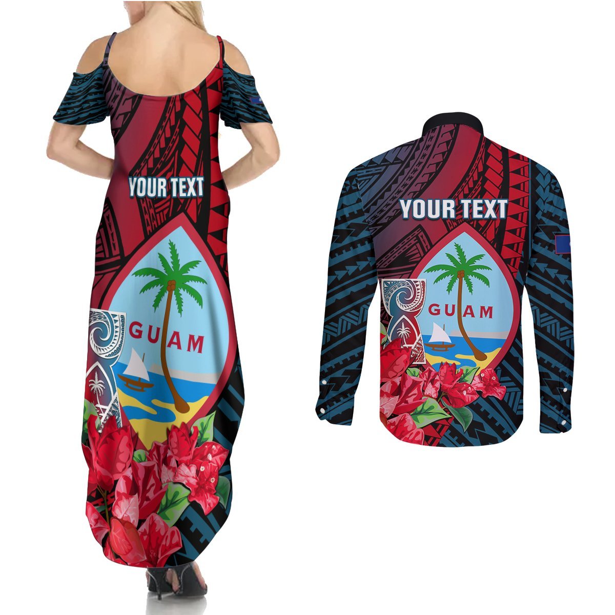 Personalized Guam Couples Matching Summer Maxi Dress and Long Sleeve Button Shirts Latte Stone Mix Bougainvillea Polynesian Pattern LT05 - Polynesian Pride