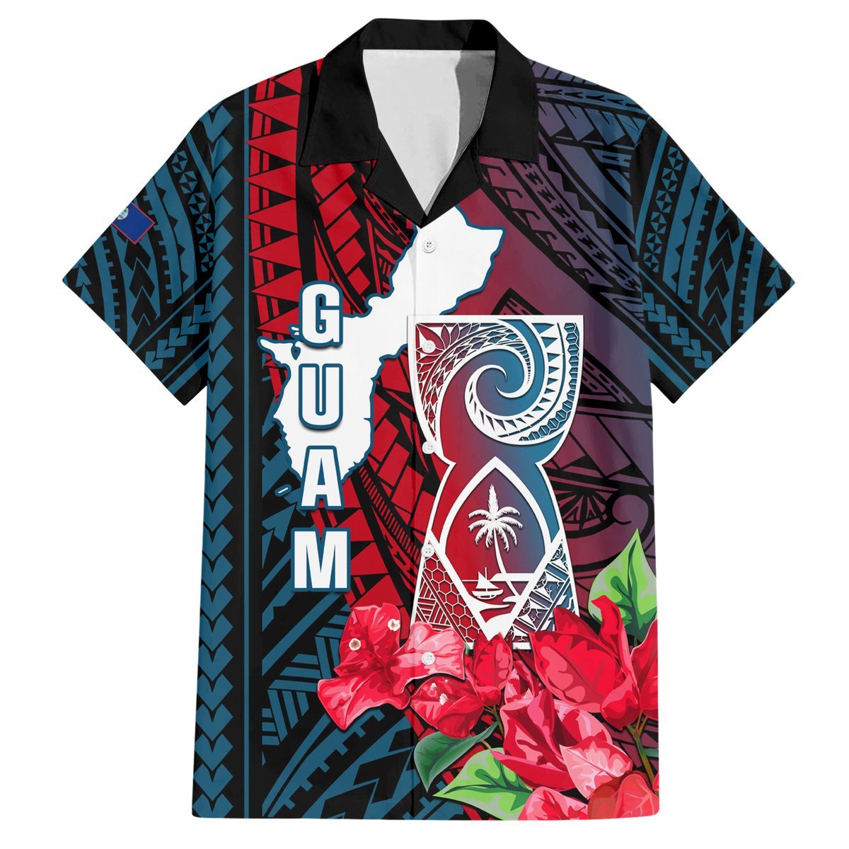 Personalized Guam Hawaiian Shirt Latte Stone Mix Bougainvillea Polynesian Pattern LT05 Blue - Polynesian Pride