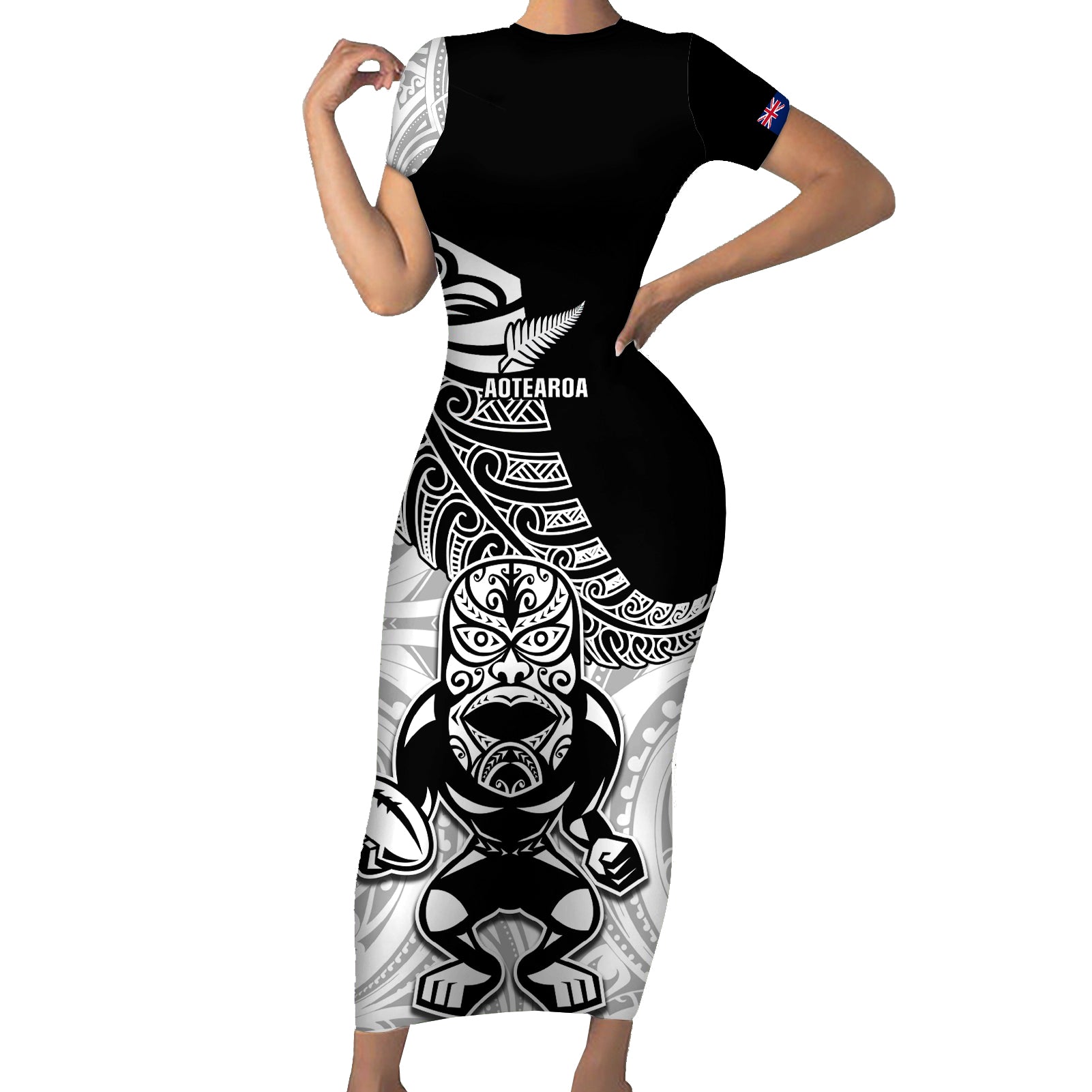 New Zealand Silver Fern Rugby Short Sleeve Bodycon Dress World Cup 2023 Go Aotearoa Maori Pattern LT05 Long Dress Black - Polynesian Pride