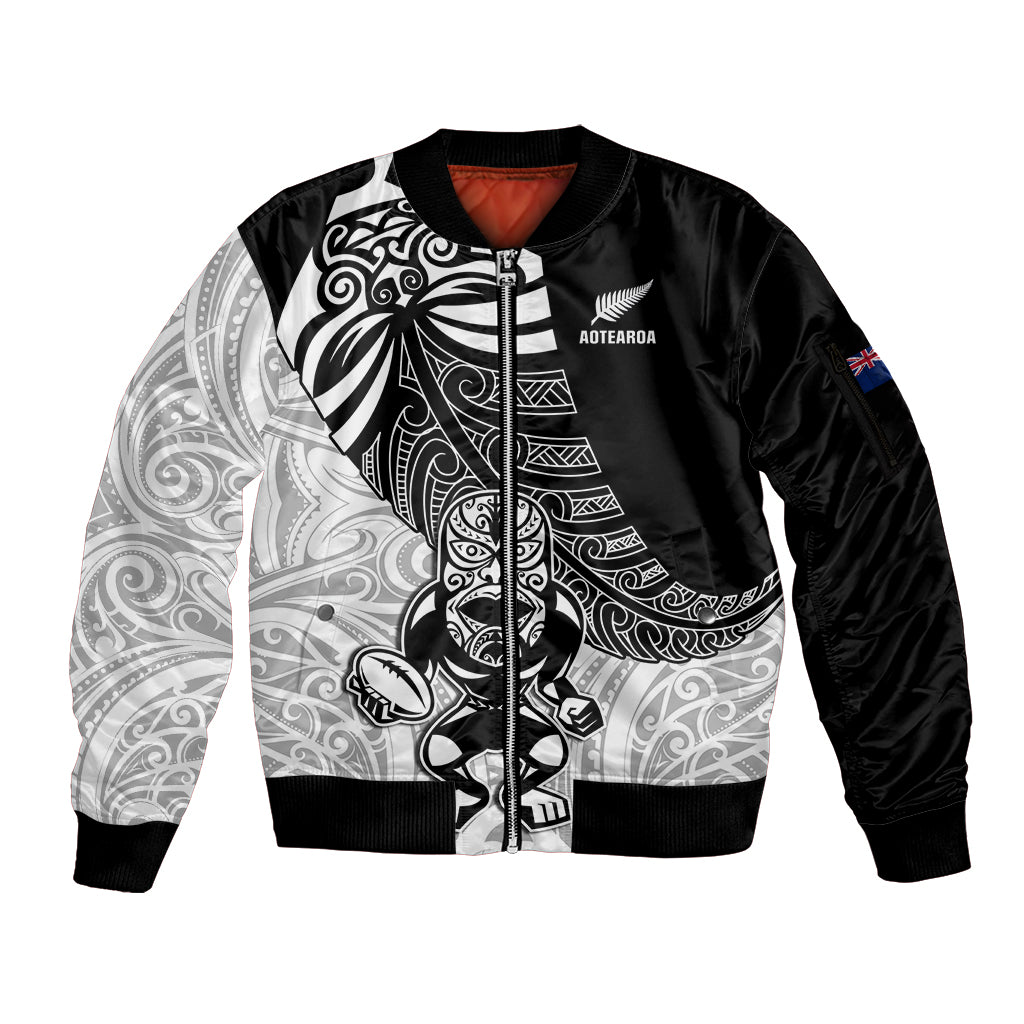 New Zealand Silver Fern Rugby Sleeve Zip Bomber Jacket World Cup 2023 Go Aotearoa Maori Pattern LT05 Unisex Black - Polynesian Pride