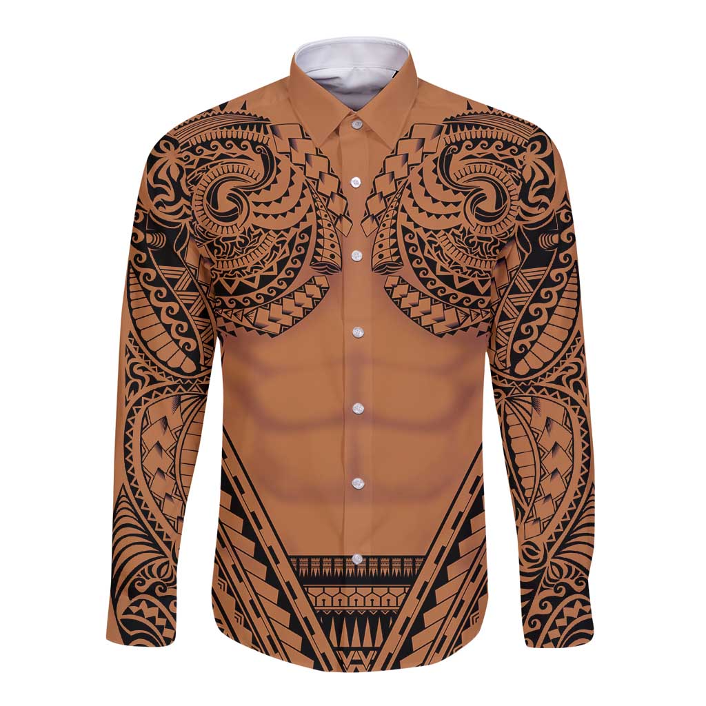 Polynesian Tattoo Inspired Cosplay Costume Long Sleeve Button Shirt Tribal Warrior LT05 Unisex Brown - Polynesian Pride