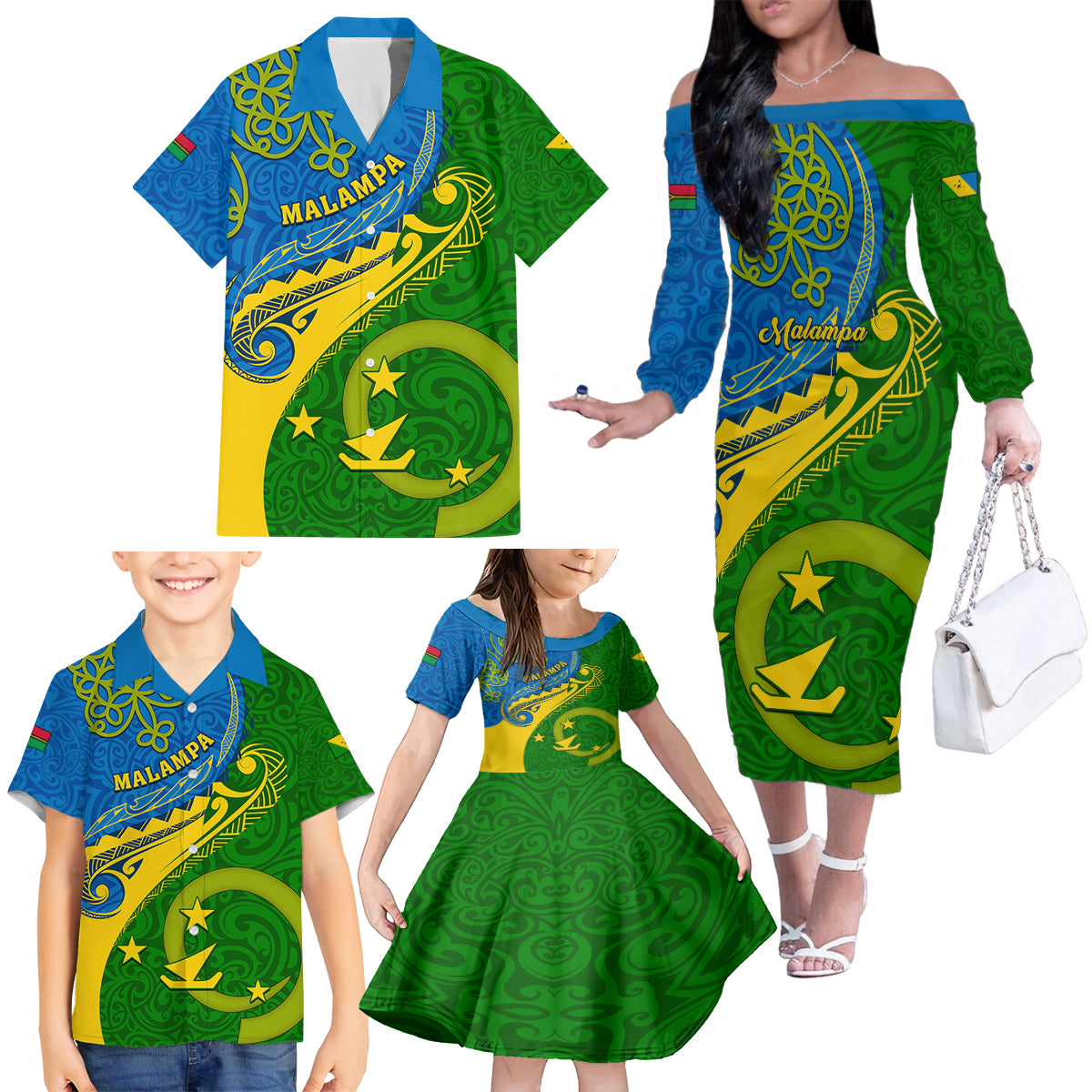 malampa-day-family-matching-off-shoulder-long-sleeve-dress-and-hawaiian-shirt-sand-drawing-vanuatuan-pattern