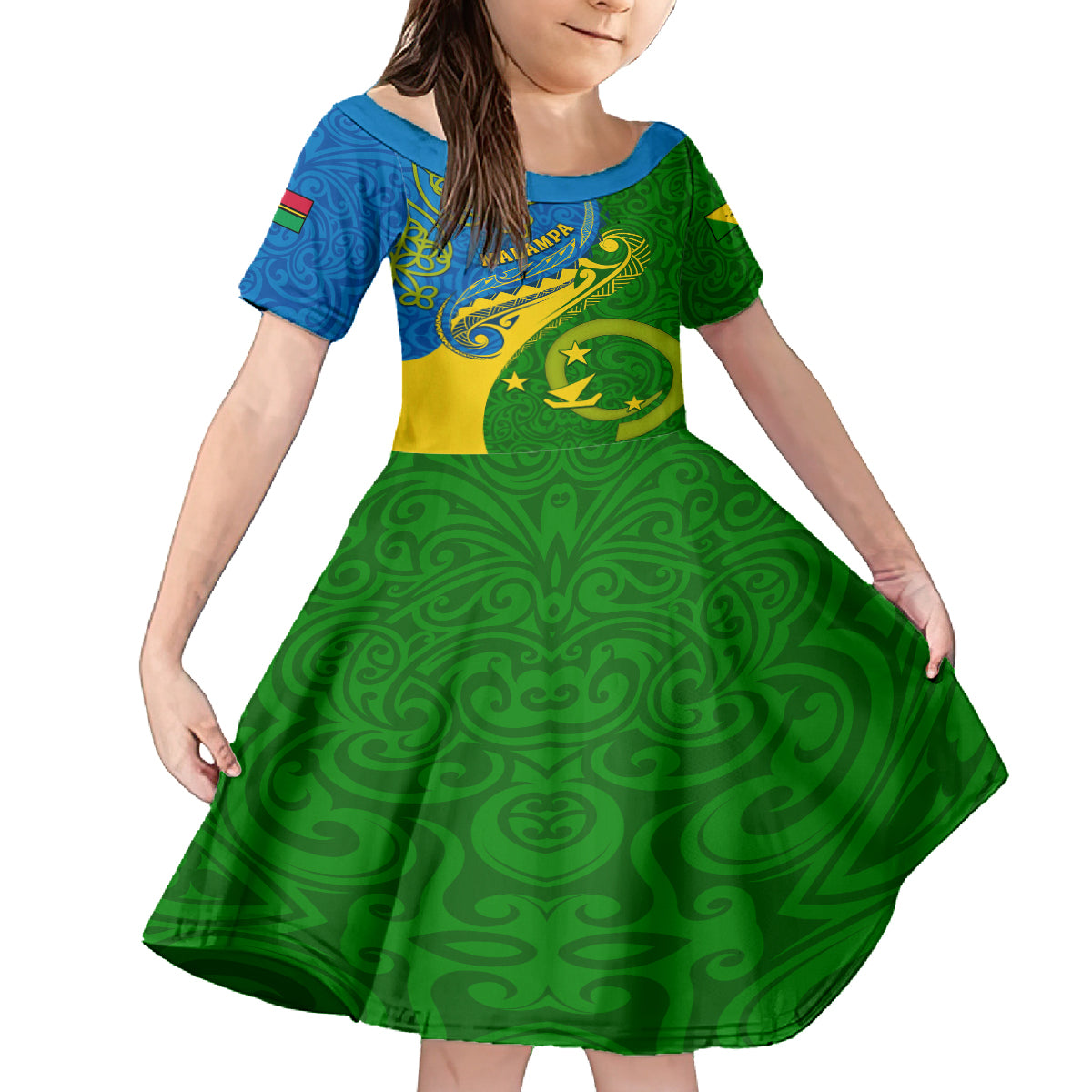 Malampa Day Kid Short Sleeve Dress Sand Drawing Vanuatuan Pattern LT05 KID Green - Polynesian Pride