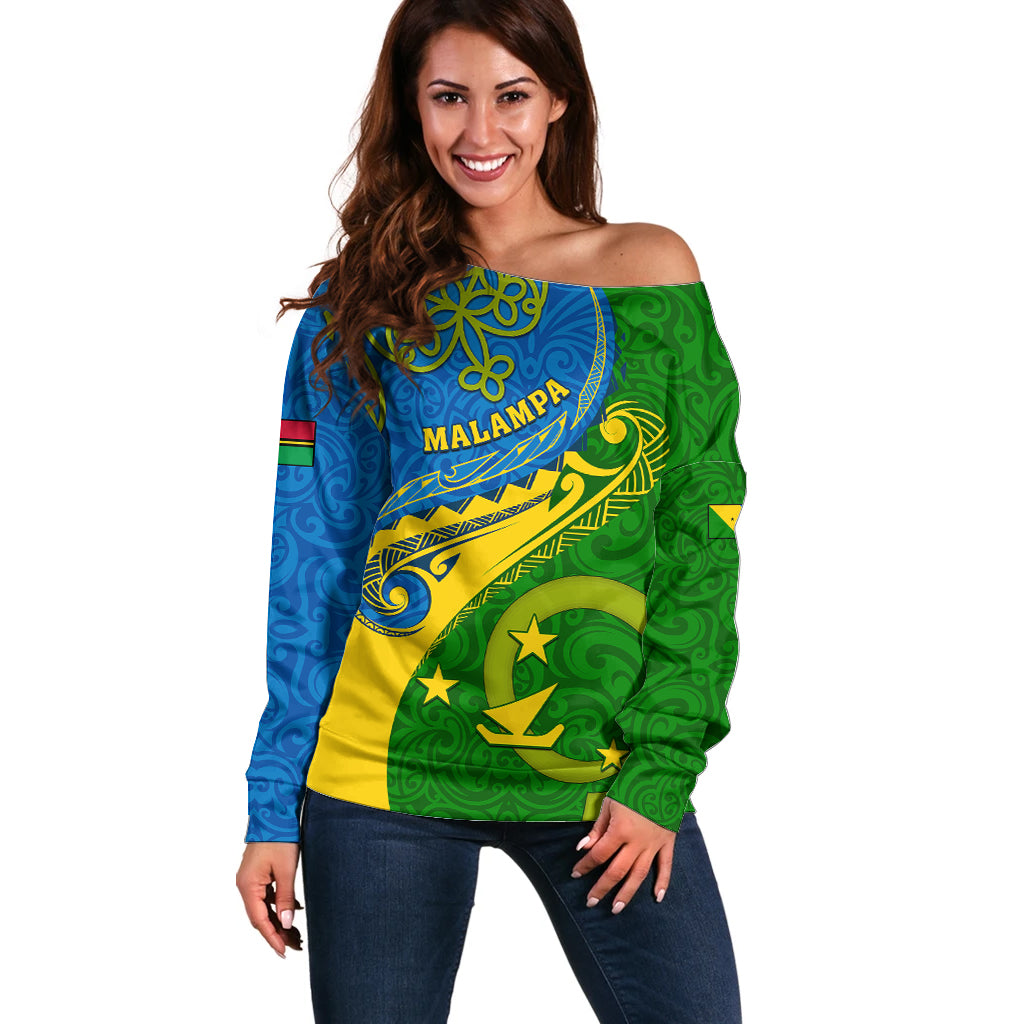 Malampa Day Off Shoulder Sweater Sand Drawing Vanuatuan Pattern LT05 Women Green - Polynesian Pride