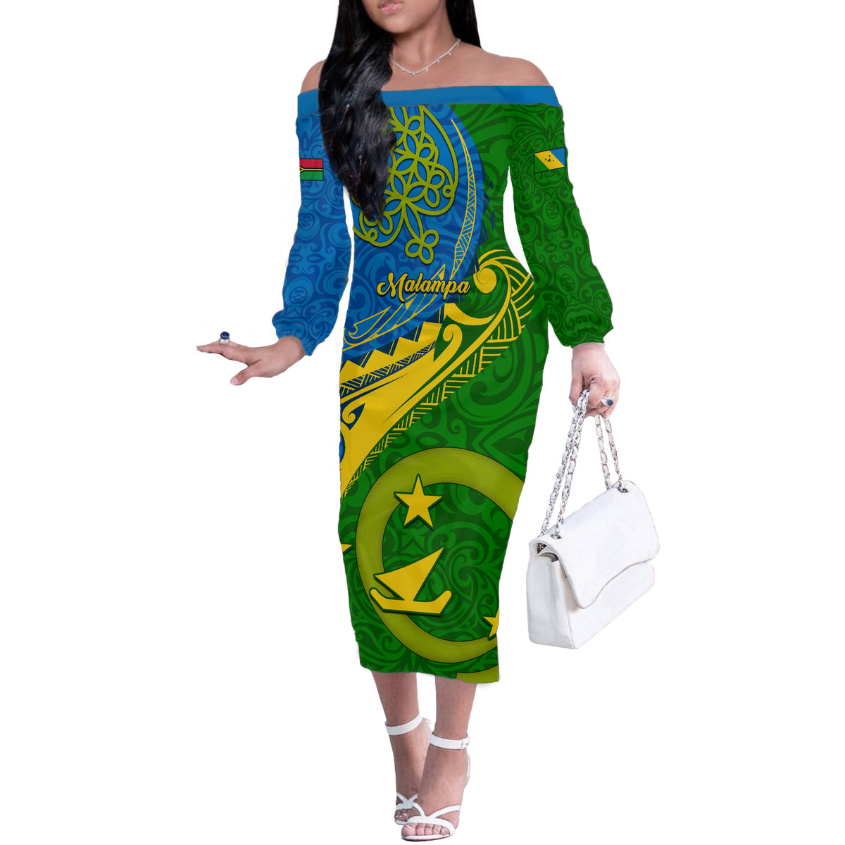 Malampa Day Off The Shoulder Long Sleeve Dress Sand Drawing Vanuatuan Pattern LT05 Women Green - Polynesian Pride