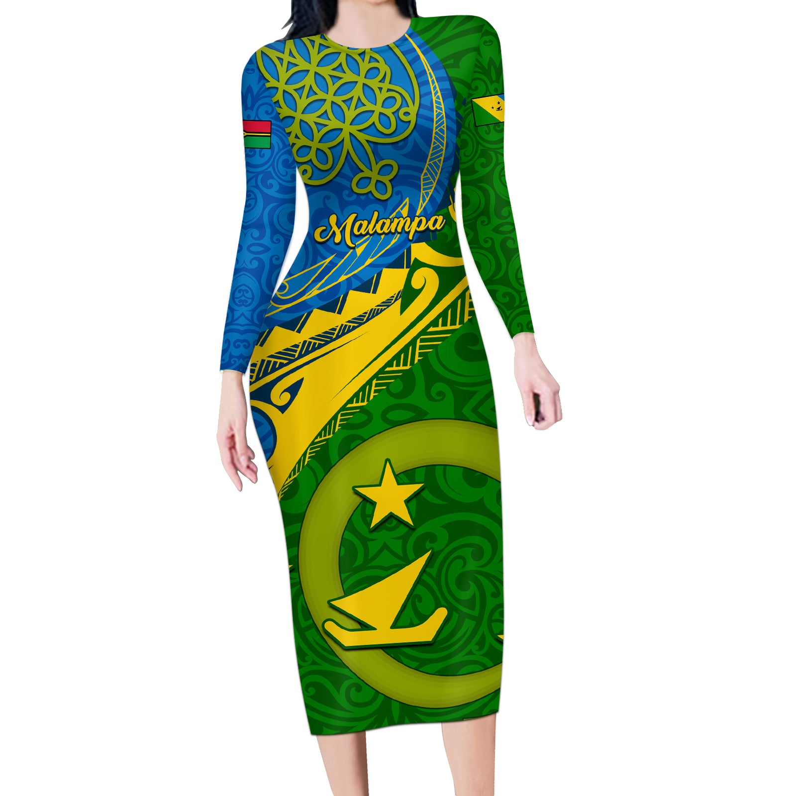 Personalized Malampa Day Long Sleeve Bodycon Dress Sand Drawing Vanuatuan Pattern LT05 Long Dress Green - Polynesian Pride