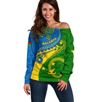 Personalized Malampa Day Off Shoulder Sweater Sand Drawing Vanuatuan Pattern LT05 Women Green - Polynesian Pride