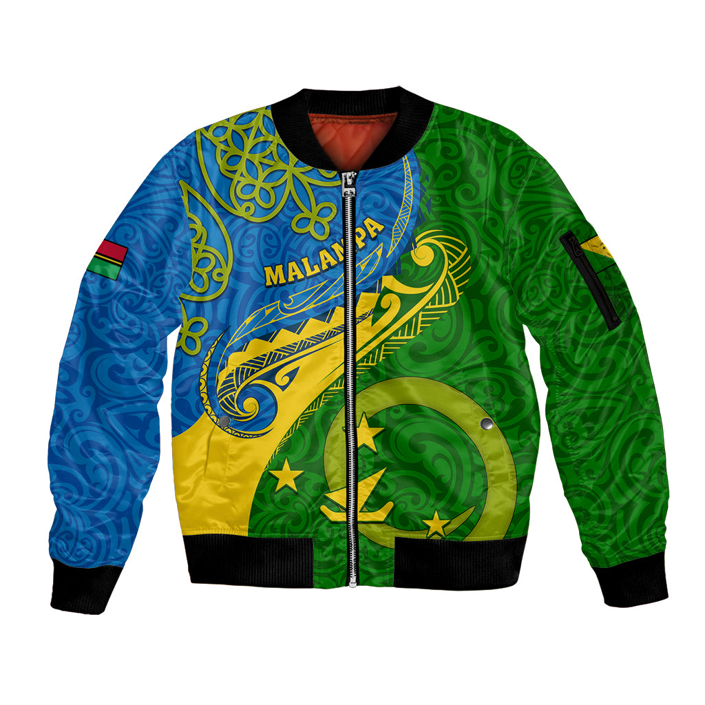 Personalized Malampa Day Sleeve Zip Bomber Jacket Sand Drawing Vanuatuan Pattern LT05 Unisex Green - Polynesian Pride