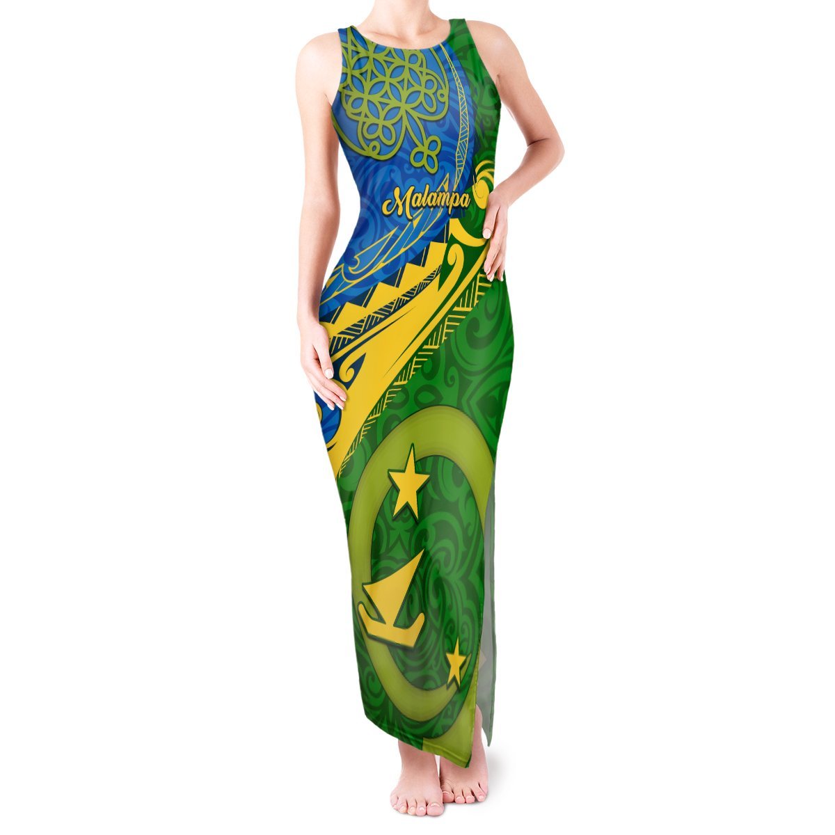 Personalized Malampa Day Tank Maxi Dress Sand Drawing Vanuatuan Pattern LT05 Women Green - Polynesian Pride