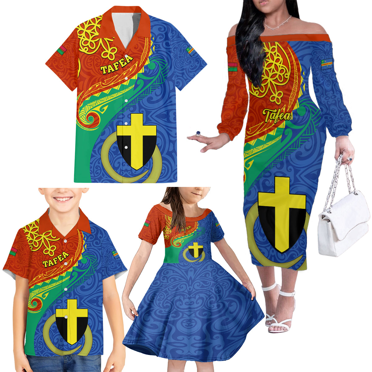 tafea-day-family-matching-off-shoulder-long-sleeve-dress-and-hawaiian-shirt-sand-drawing-vanuatuan-pattern