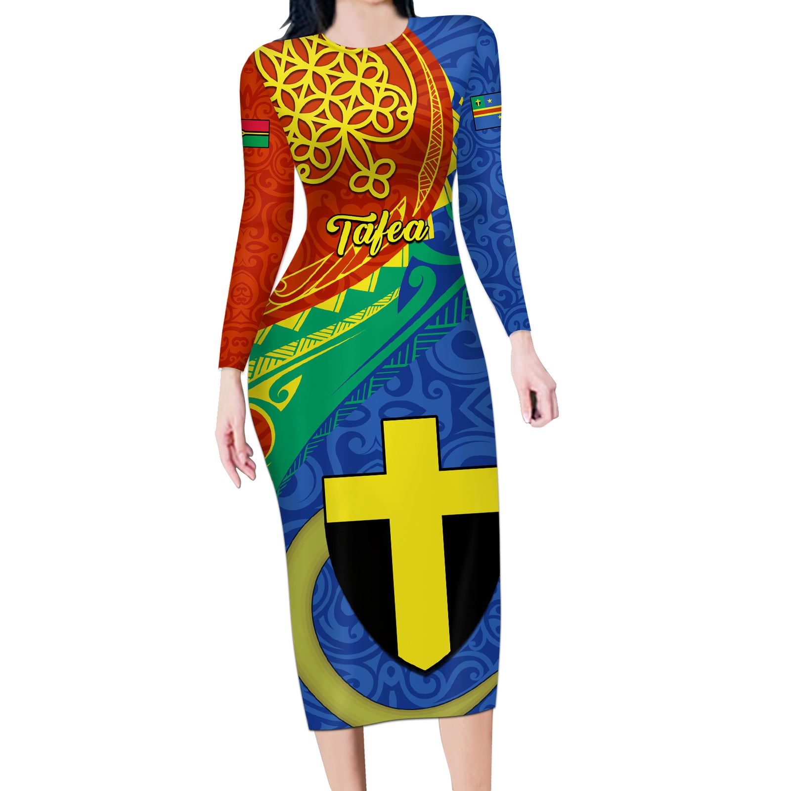 Tafea Day Long Sleeve Bodycon Dress Sand Drawing Vanuatuan Pattern LT05 Long Dress Blue - Polynesian Pride
