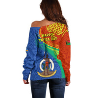 Tafea Day Off Shoulder Sweater Sand Drawing Vanuatuan Pattern LT05 - Polynesian Pride