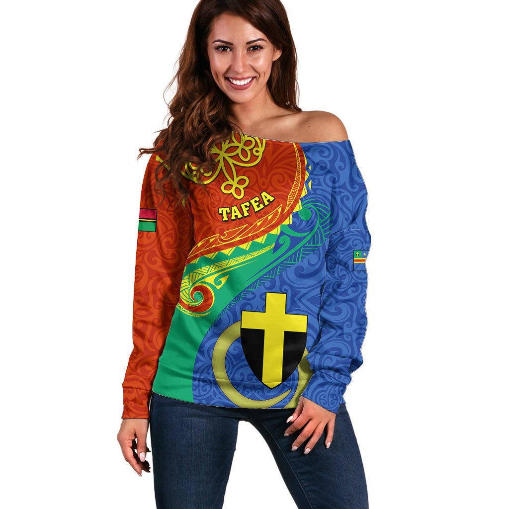 Personalized Tafea Day Off Shoulder Sweater Sand Drawing Vanuatuan Pattern LT05 Women Blue - Polynesian Pride