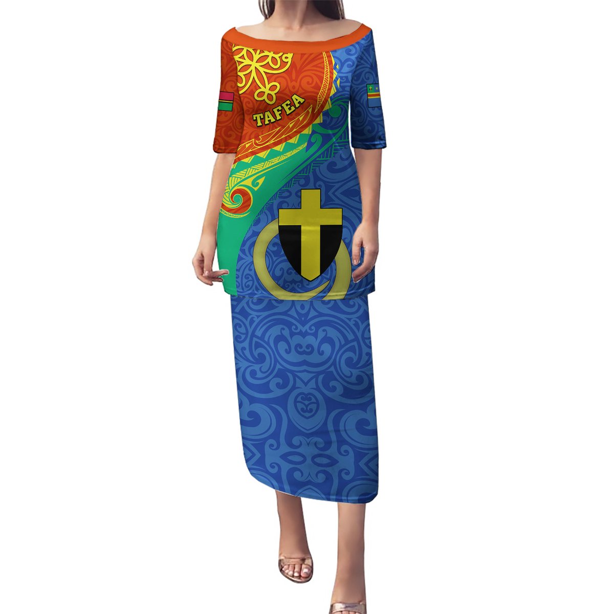Personalized Tafea Day Puletasi Sand Drawing Vanuatuan Pattern LT05 Long Dress Blue - Polynesian Pride