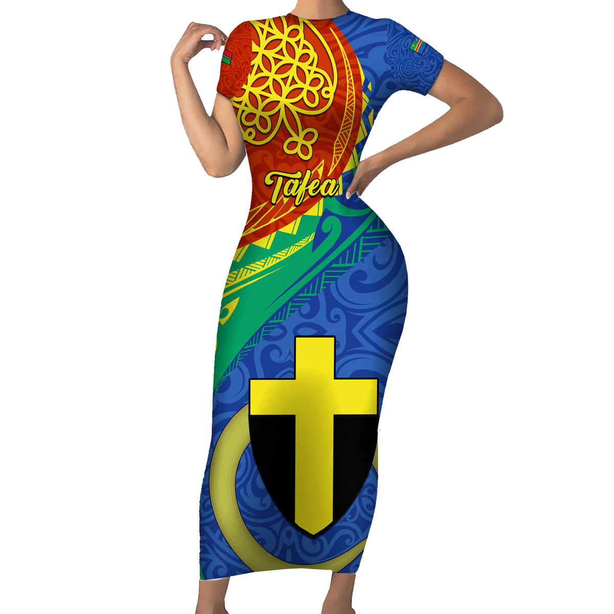 Personalized Tafea Day Short Sleeve Bodycon Dress Sand Drawing Vanuatuan Pattern LT05 Long Dress Blue - Polynesian Pride