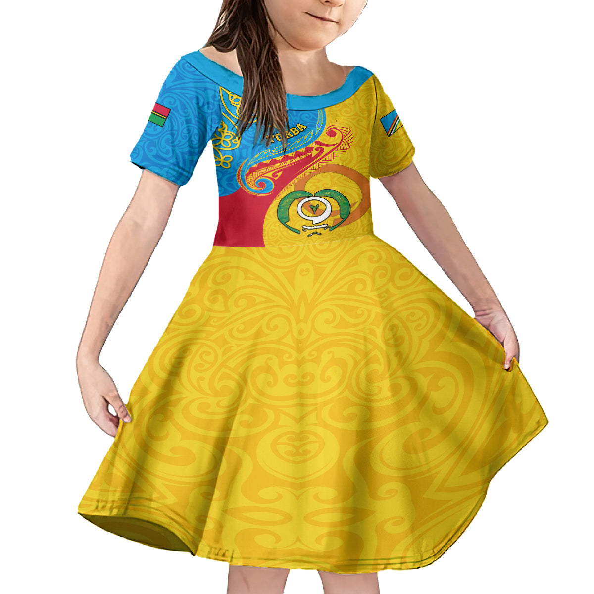 Torba Day Kid Short Sleeve Dress Sand Drawing Vanuatuan Pattern LT05 KID Yellow - Polynesian Pride