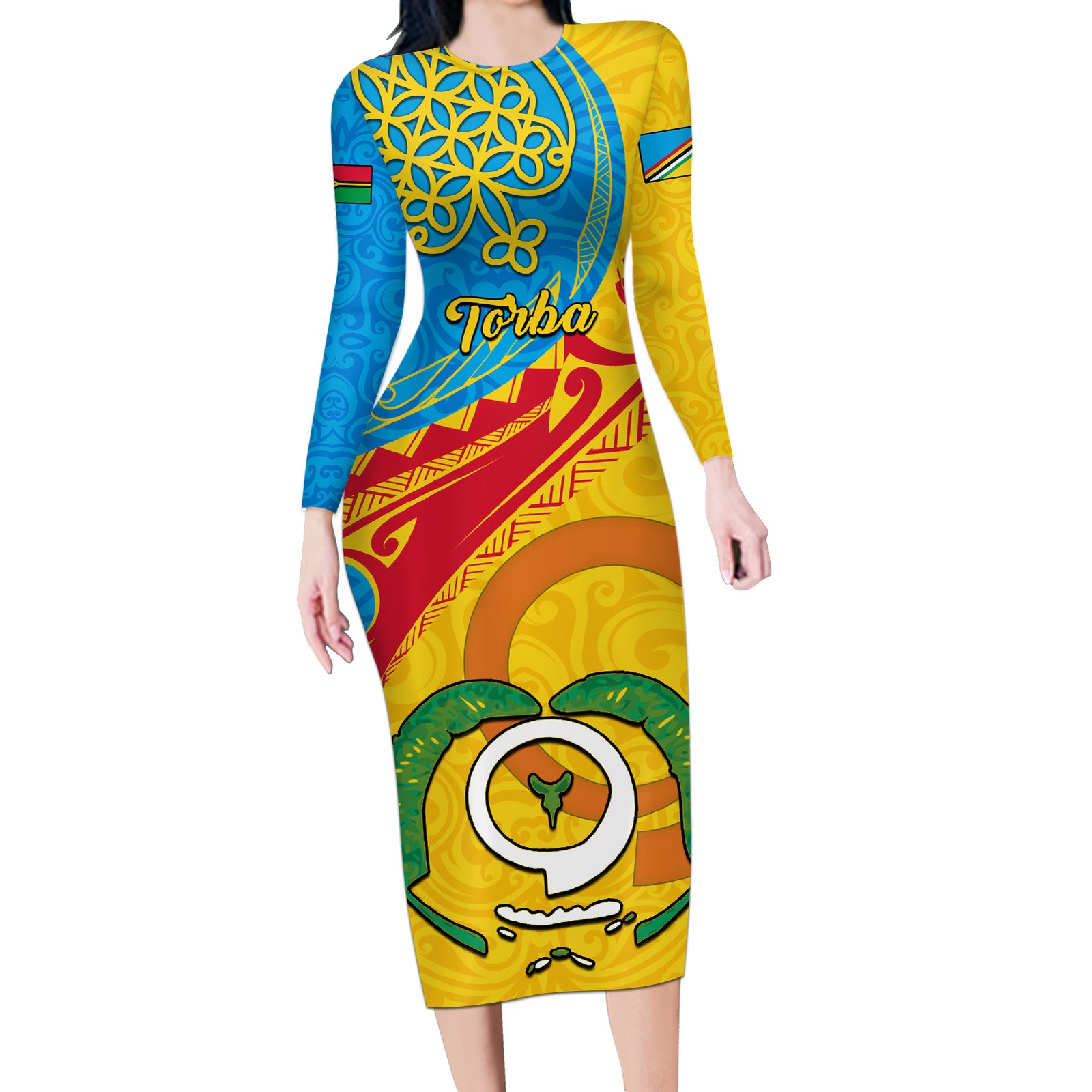 Personalized Torba Day Long Sleeve Bodycon Dress Sand Drawing Vanuatuan Pattern LT05 Long Dress Yellow - Polynesian Pride