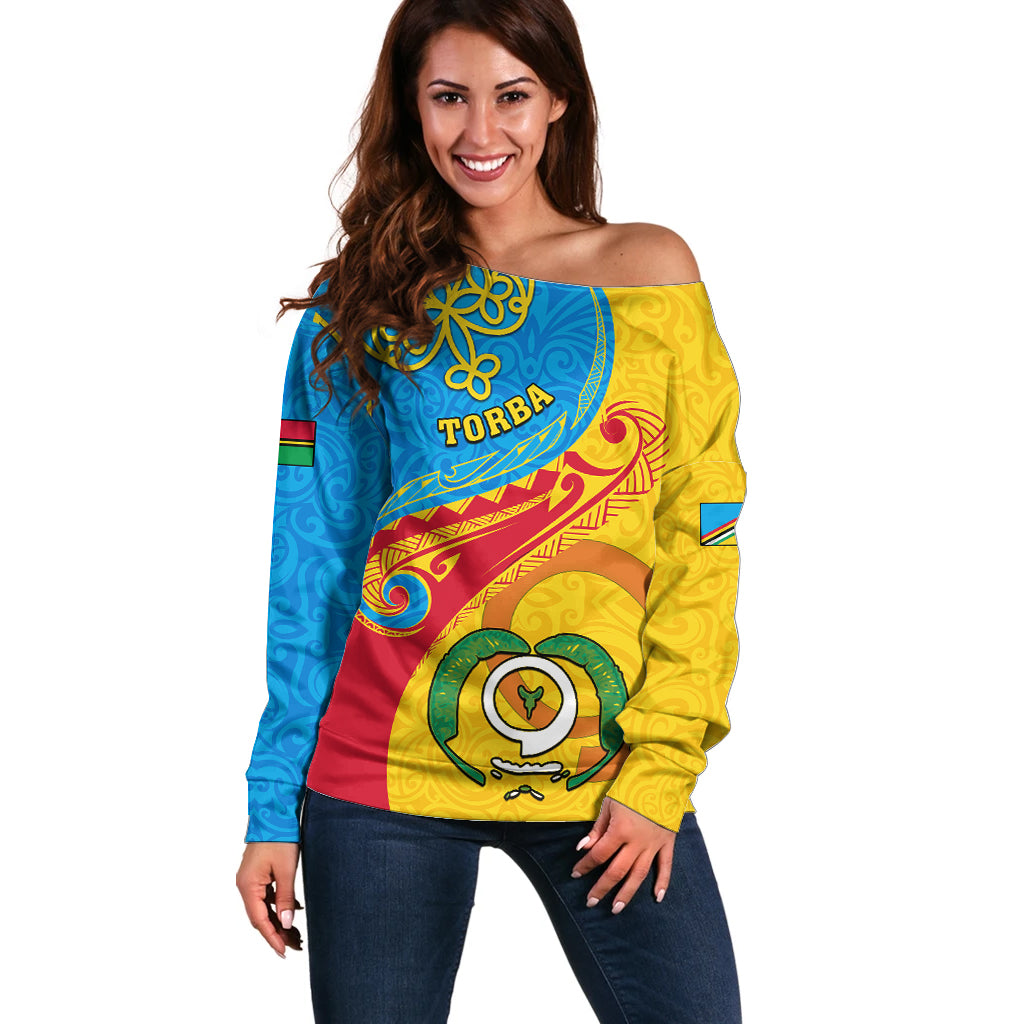 Personalized Torba Day Off Shoulder Sweater Sand Drawing Vanuatuan Pattern LT05 Women Yellow - Polynesian Pride
