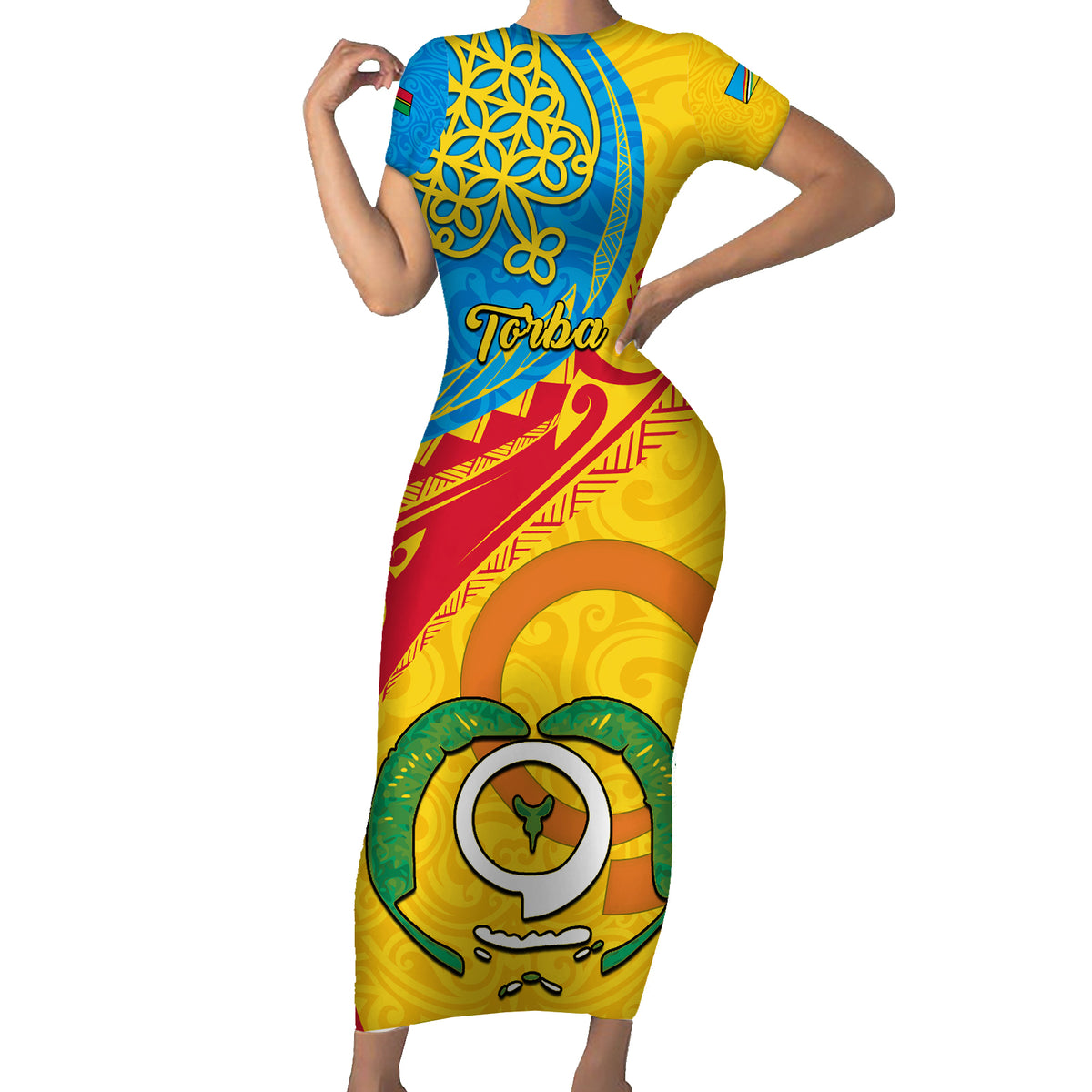 Personalized Torba Day Short Sleeve Bodycon Dress Sand Drawing Vanuatuan Pattern LT05 Long Dress Yellow - Polynesian Pride