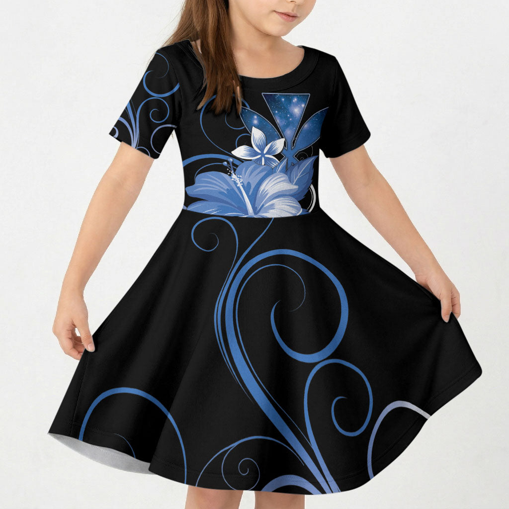 Hawaii Makahiki Kanaka Maoli Kid Short Sleeve Dress Blue Hibiscus Floral Vibes LT05 KID Blue - Polynesian Pride